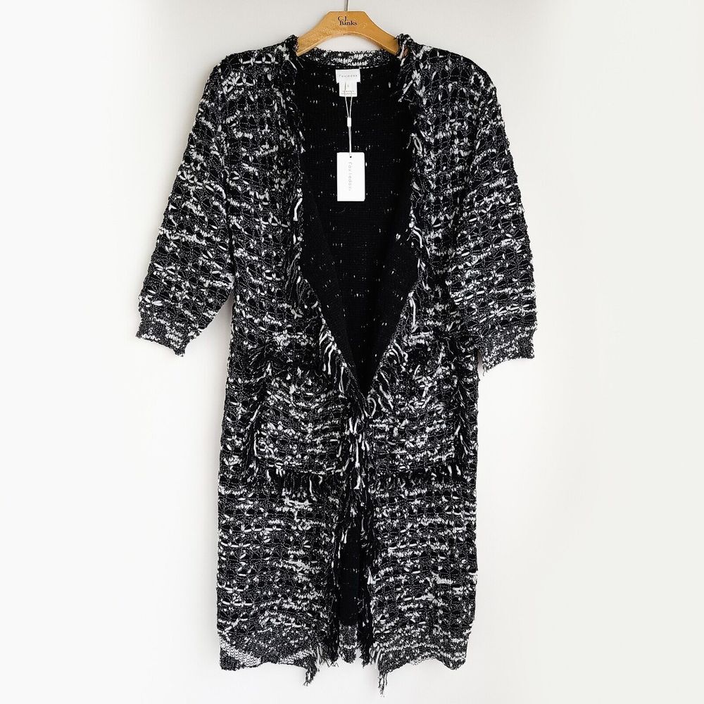 Foxiedox Long Knit Fringe Duster Cardigan Sweater Womens S Black/White NWT New